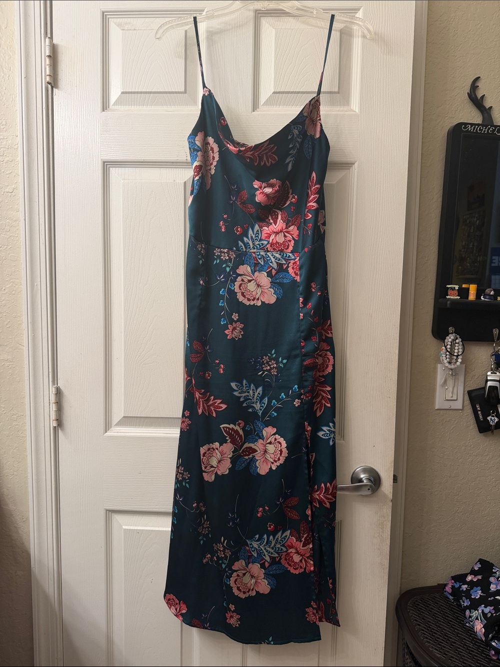 Teal/ Emerald Green Floral Slip Dress with Pink Accents